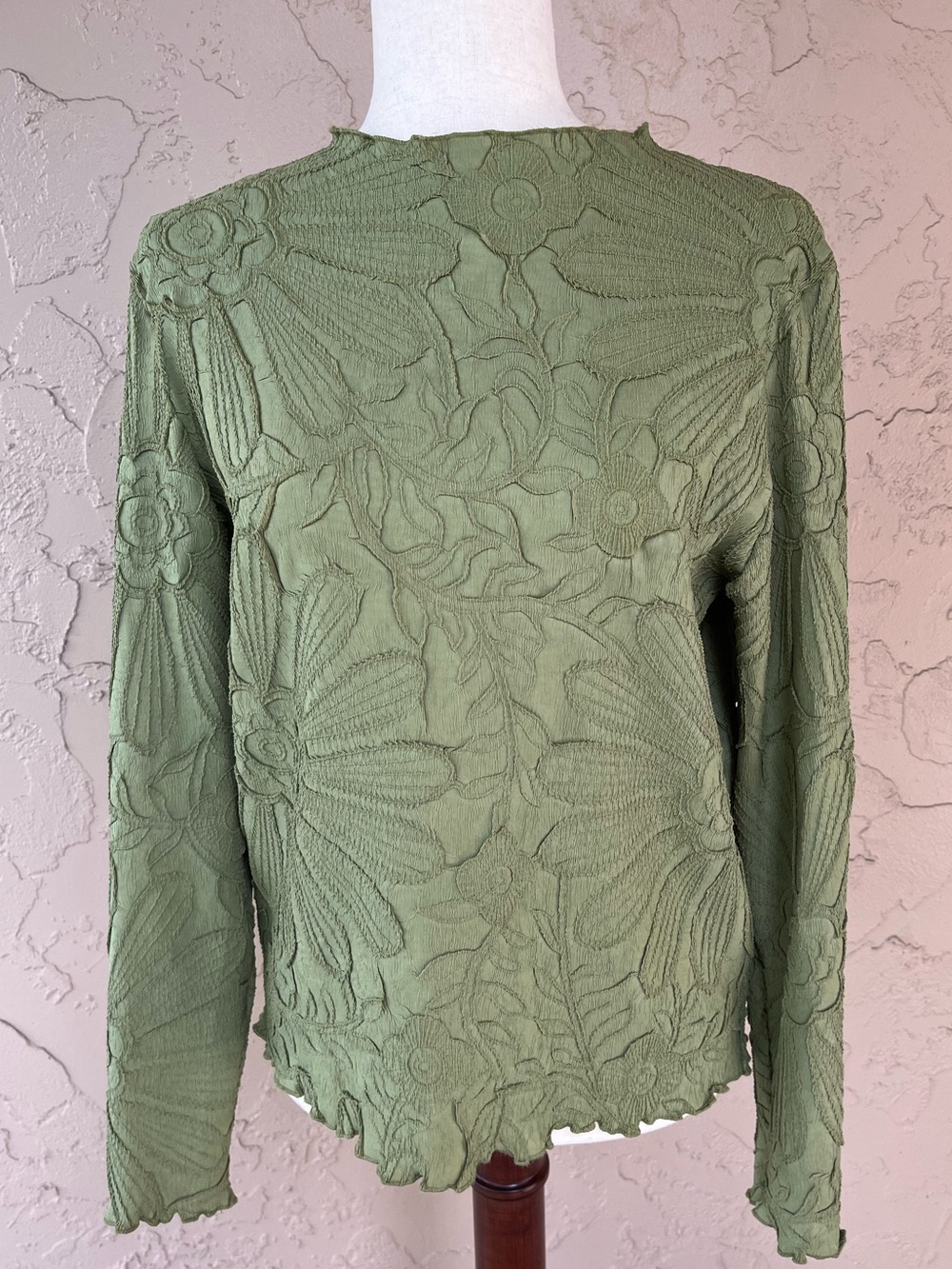 Picadilly Canada Pleated Olive Green Floral Long-Sleeve Top